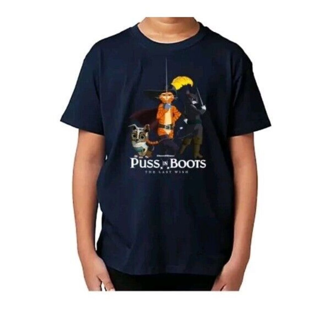 t-shirt with design puss in‎ boots youth size L navy blue the last wish
